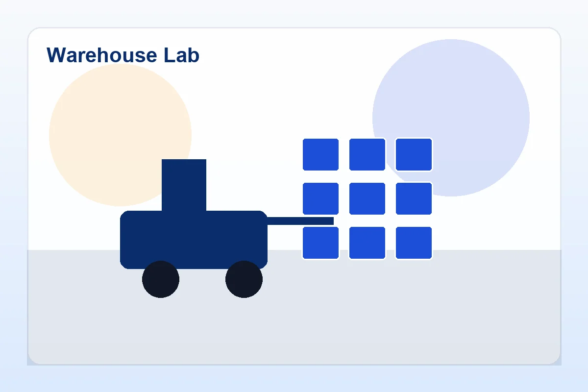 Warehouse training with inventory flow, scanning, and packing systems.